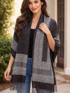 Talla Unica Gray Paisley Border Shawl Scarf